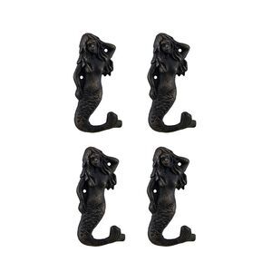 Set of 4 Blackened Bronze Finish Cast Iron Mermaid Wall Hooks